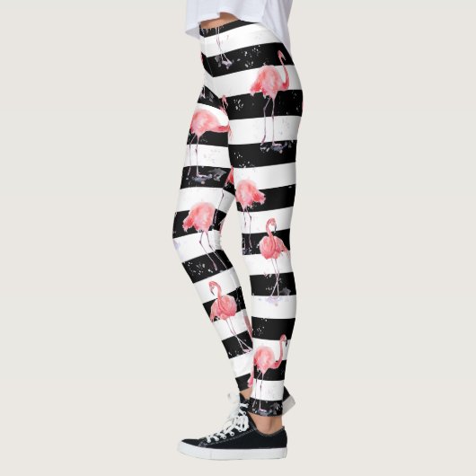 Rosa Flamingo- und Schwarzweißstreifen Leggings (Links)