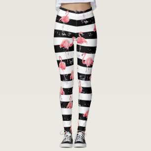 Rosa Flamingo- und Schwarzweißstreifen Leggings