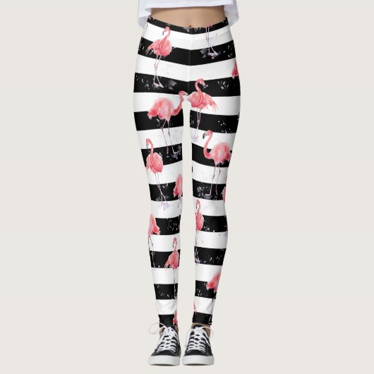Rosa Flamingo- und Schwarzweißstreifen Leggings (Vorderseite)