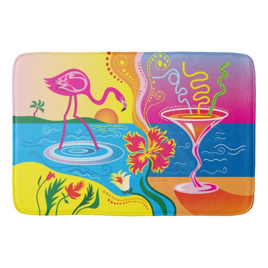 Rosa Flamingo und Sommercocktail Badematte (Vorderseite)
