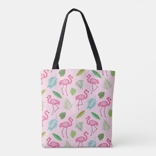 Rosa Flamingo und tropische Blätter, Monogramm Tasche (Rückseite)