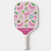 Rosa Flamingo und tropische Blätter personalisiert Pickleball Schläger (Vorderseite)