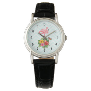 Rosa Flamingo und tropischer Hibiskus Extravagant Armbanduhr