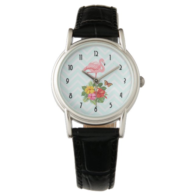 Rosa Flamingo und tropischer Hibiskus Extravagant Armbanduhr (Vorderseite)