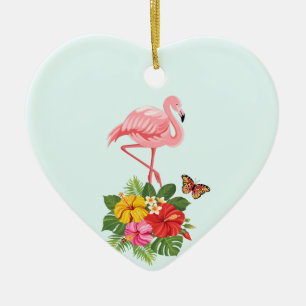 Rosa Flamingo und tropischer Hibiskus Extravagant Keramik Ornament