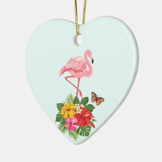 Rosa Flamingo und tropischer Hibiskus Extravagant Keramik Ornament (Links)