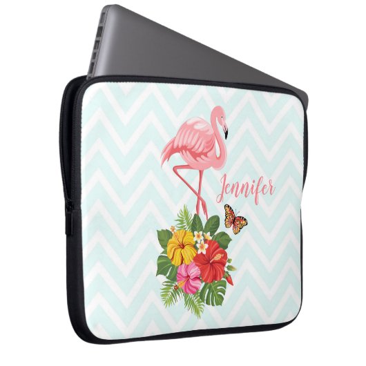 Rosa Flamingo und tropischer Hibiskus Extravagant Laptopschutzhülle (Vorne Rechts)