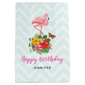 Rosa Flamingo und tropischer Hibiskus Extravagant Mittlere Geschenktüte (Rückseite)