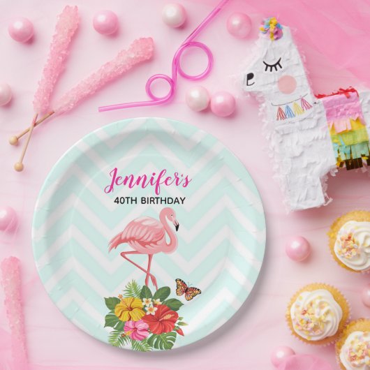 Rosa Flamingo und tropischer Hibiskus Extravagant  Pappteller (Party)