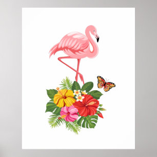 Rosa Flamingo und tropischer Hibiskus Extravagant Poster