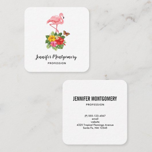 Rosa Flamingo und tropischer Hibiskus Extravagant Quadratische Visitenkarte (Vorne/Hinten)
