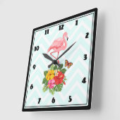 Rosa Flamingo und tropischer Hibiskus Extravagant Quadratische Wanduhr (Winkel)