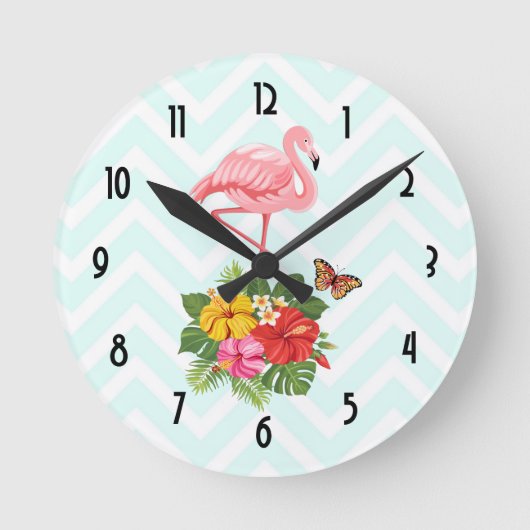 Rosa Flamingo und tropischer Hibiskus Extravagant Runde Wanduhr (Vorderseite)