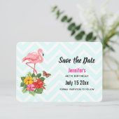 Rosa Flamingo und tropischer Hibiskus Extravagant Save The Date (Stehend Vorderseite)