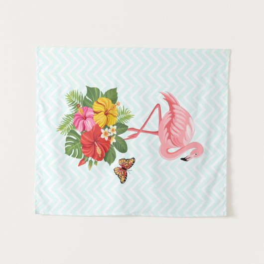 Rosa Flamingo und tropischer Hibiskus Extravagant Wandteppich (Vorderseite (Horizontal))