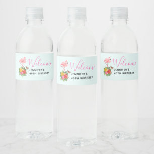 Rosa Flamingo und tropischer Hibiskus Extravagant Wasserflaschenetikett