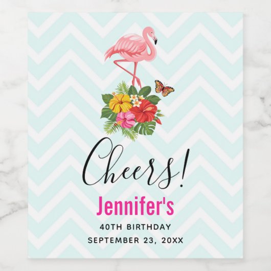 Rosa Flamingo und tropischer Hibiskus Extravagant Weinetikett (Einzelnes Label)