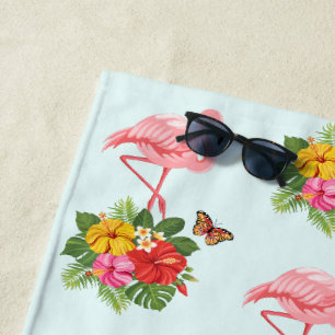 Rosa Flamingo und tropischer Hibiskus Extravagante Strandtuch