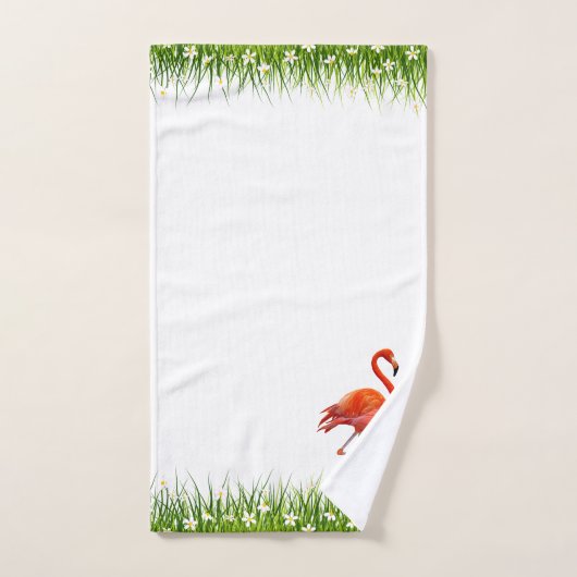 Rosa Flamingo und Wiese mit Blume auf dem weißen B Badhandtuch Set (Handtuch)