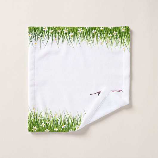 Rosa Flamingo und Wiese mit Blume auf dem weißen B Badhandtuch Set (Waschlappen)