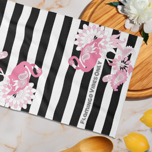 Rosa Flamingo-Vibes Only Schwarz-Weiß-Gestreift Geschirrtuch