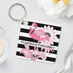 Rosa Flamingo-Vibes Only Schwarz-Weiß-Gestreift Schlüsselanhänger