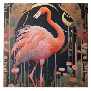 Rosa Flamingo-Vogel Art Deco Art Nouveau Fliese