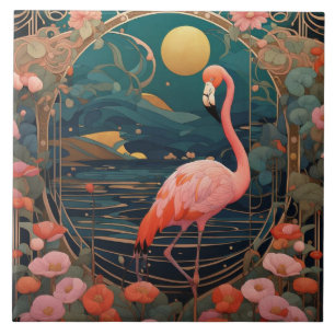 Rosa Flamingo-Vogel Art Nouveau Art Deco Fliese