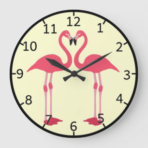 Rosa Flamingo-Vögel-Liebe-Herz Große Wanduhr