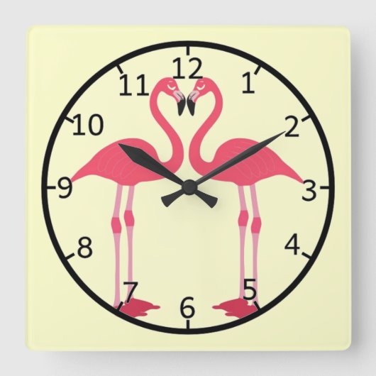 Rosa Flamingo-Vögel-Liebe-Herz Quadratische Wanduhr (Vorderseite)