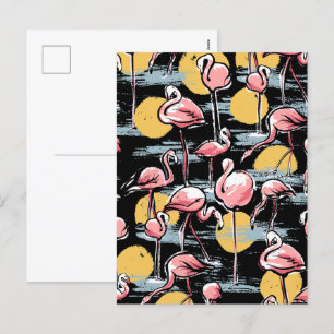 Rosa Flamingo-Vögel und Sonnenuntergang   Tropisch Feiertagspostkarte