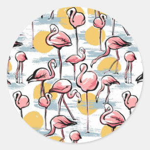 Rosa Flamingo-Vögel und Sonnenuntergang   Tropisch Runder Aufkleber