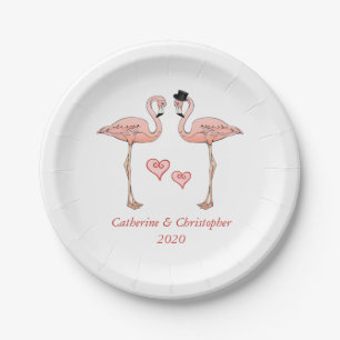 Rosa Flamingo Wedding Bride Groom Herz Liebe Pappteller