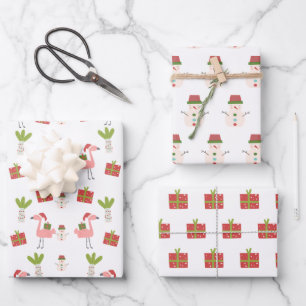 Rosa Flamingo Weihnachtsmann Schneemann Rosa Weiß  Geschenkpapier Set