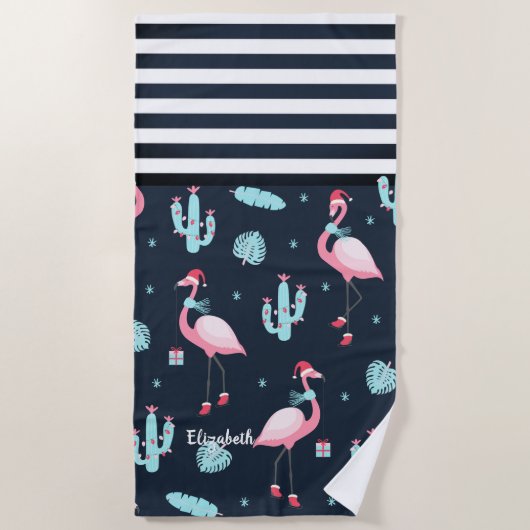 Rosa Flamingo Weihnachtsmannmütze Navy Blau Streif Strandtuch (Vorderseite)