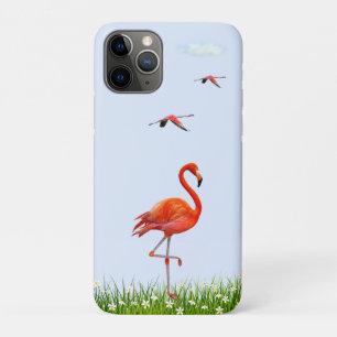 Rosa Flamingo & Wiese mit Blumen auf Hellblau Case-Mate iPhone Hülle