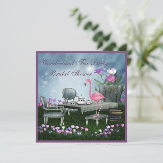 Rosa Flamingo Wonderland Tee Party Brautparty Einladung (Stehend Vorderseite)