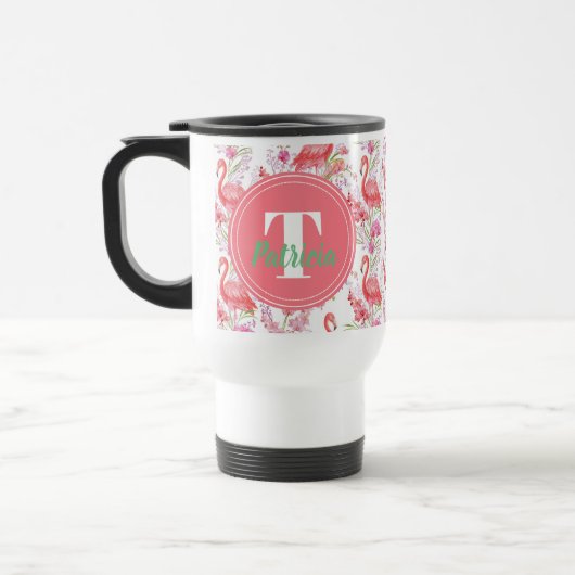 Rosa Flamingomuster-Monogramm-Tasse Reisebecher (Links)
