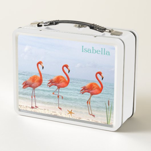 Rosa Flamingos am Strand Metall Brotdose (Rückseite)