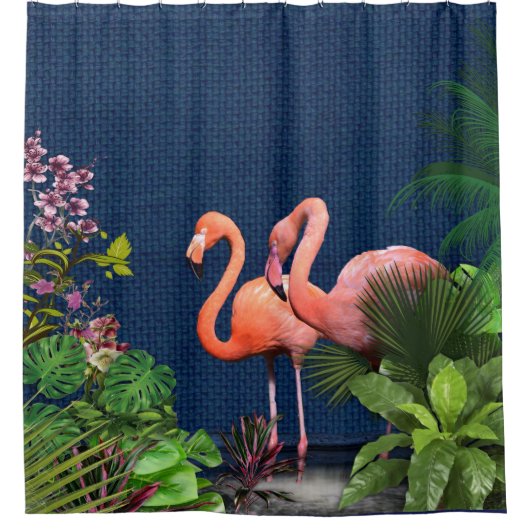 Rosa Flamingos auf klassisch blau und grün Duschvorhang (Vorderseite)