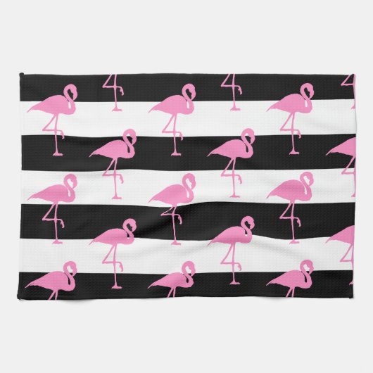 Rosa Flamingos auf schwarzen und weißen Streifen Geschirrtuch (Horizontal)