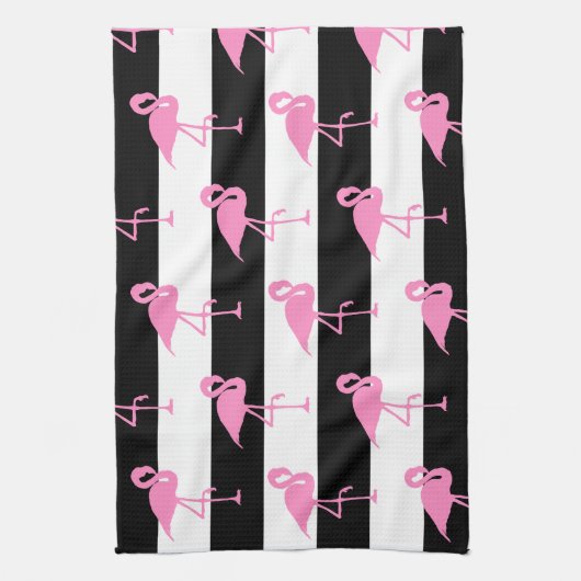 Rosa Flamingos auf schwarzen und weißen Streifen Geschirrtuch (Vertikal)