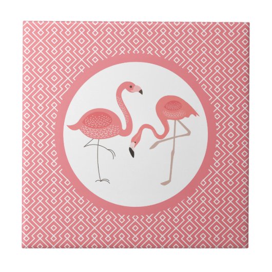 rosa Flamingos auf weißem und rosa geometrischem M Fliese (Vorderseite)