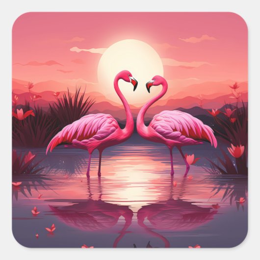 Rosa Flamingos bei Sonnenuntergang Quadratischer Aufkleber (Vorderseite)