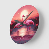 Rosa Flamingos bei Sonnenuntergang Runde Wanduhr (Winkel)