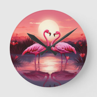 Rosa Flamingos bei Sonnenuntergang Runde Wanduhr