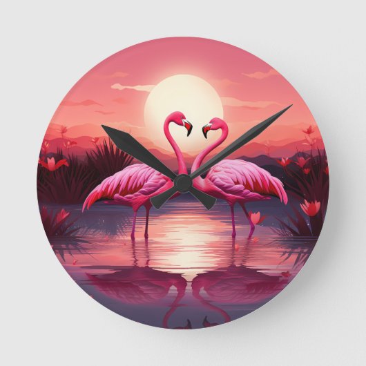 Rosa Flamingos bei Sonnenuntergang Runde Wanduhr (Vorderseite)