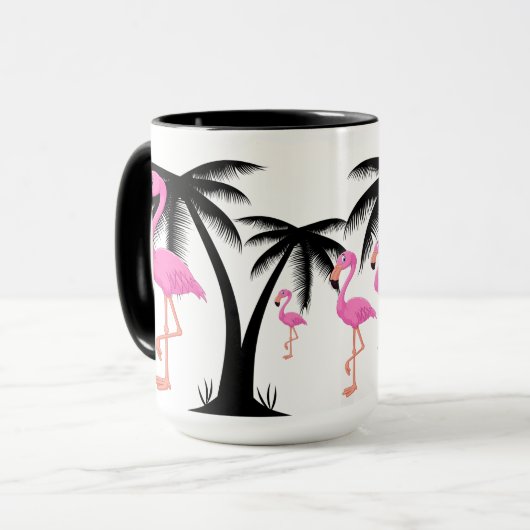 Rosa Flamingos, der durch schwarze Palme geht Tasse (Vorderseite Links)