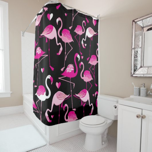 Rosa Flamingos, dunkles, nahtloses Muster. Duschvorhang (Beispiel)