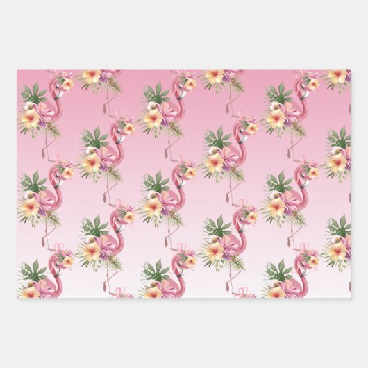 Rosa Flamingos Exotische Blume Geschenkpapier Set (Vorderseite)